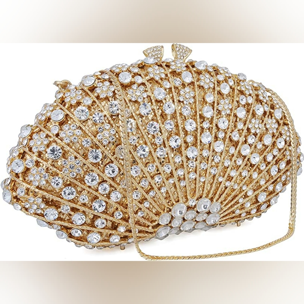 NEW Shell Shape Clutch Purse Sparkling Bling Crystal Rhinestones Silver or Gold - Picture 7 of 11